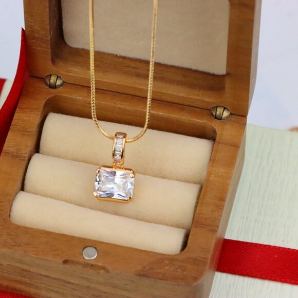 "Elegant White Stone Pendant in Gold Finish with Baguette Detailing, XPPT1777 - Picture 7 of 13